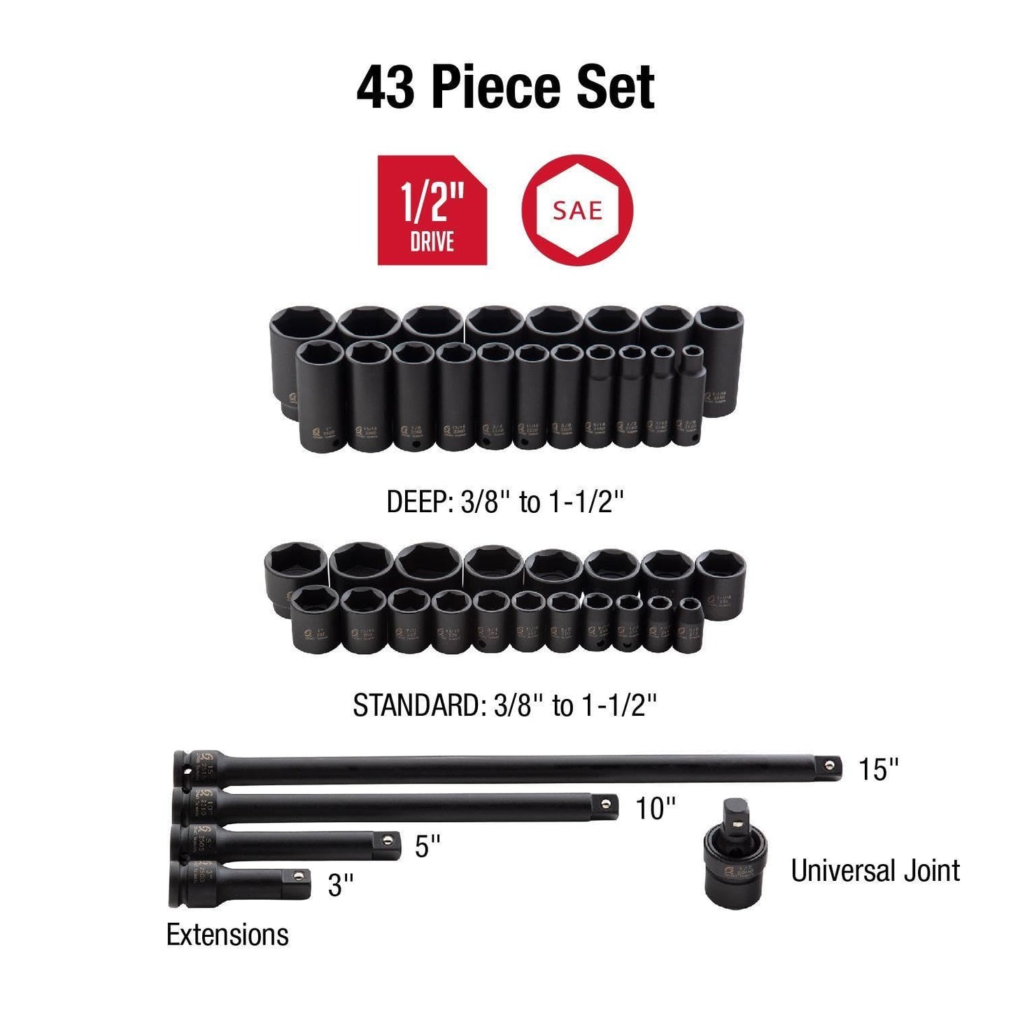 SUNEX Tools 80 Piece 3/8 in. Drive Master Impact Socket Set, Universal, Star, External Star, Extensions, Universal Joint, SAE and Metric, 8mm to 19mm and 5/16 in. to 3/4 in., CR-MO Steel, Model 3580