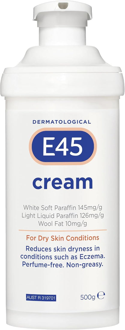 E45 - Dermatological Cream For Dry Skin Conditions | Non Greasy Emollient | Hypoallergenic | 500g