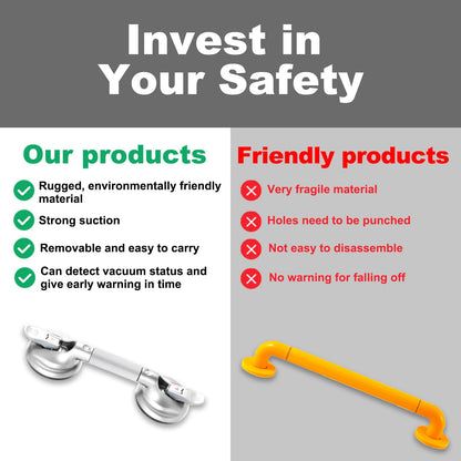15-Inch Shower Handle - Upgraded Grab Bar with Strong Suction Cups for Bathtub & Shower Safety, Ideal for Seniors, Elderly, Disabled -Silver
