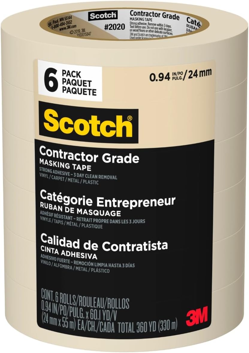 Scotch Contractor Grade Masking Tape, 0.94 inches by 60.1 yards (360 yards total), 2020, 6 Rolls