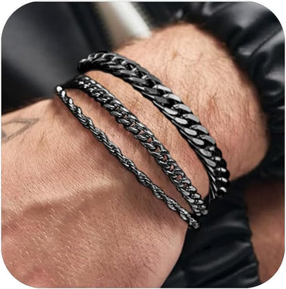 3 Stück Herren Silber Armbänder, robustes Curb Edelstahl Breite Schlangenkette Figaro Cuban Armband Set 7/7.8+1.2 Zoll verstellbares Stapel-Silberkettenarmband für Männer