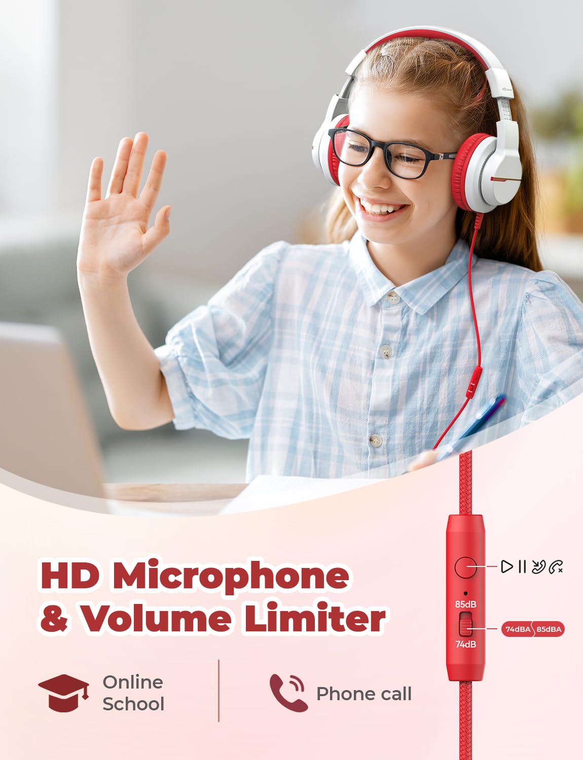 iClever Kinderkopfhörer für Schule und Reisen, sichere Lautstärkebegrenzung, HD-Mikrofon, Stereo-Sound Over-Ear-Kopfhörer für Mädchen und Jungen, FunShare Faltbar, 3,5 mm kabelgebunden für iPad Computer, HS19