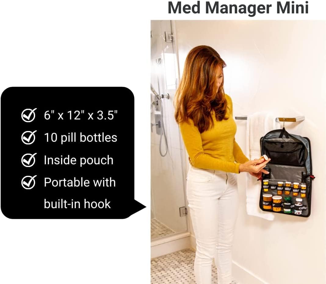 Med Manager Medicine Organizer and Portable Medical Binder, Holds (15) Pill Bottles - (11) Standard Size and (4) Large Bottles, Includes Removable 5-Tab File Folder, Black, 14 x 14 x 4 inches
