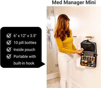 Med Manager Medicine Organizer and Portable Medical Binder, Holds (15) Pill Bottles - (11) Standard Size and (4) Large Bottles, Includes Removable 5-Tab File Folder, Black, 14 x 14 x 4 inches