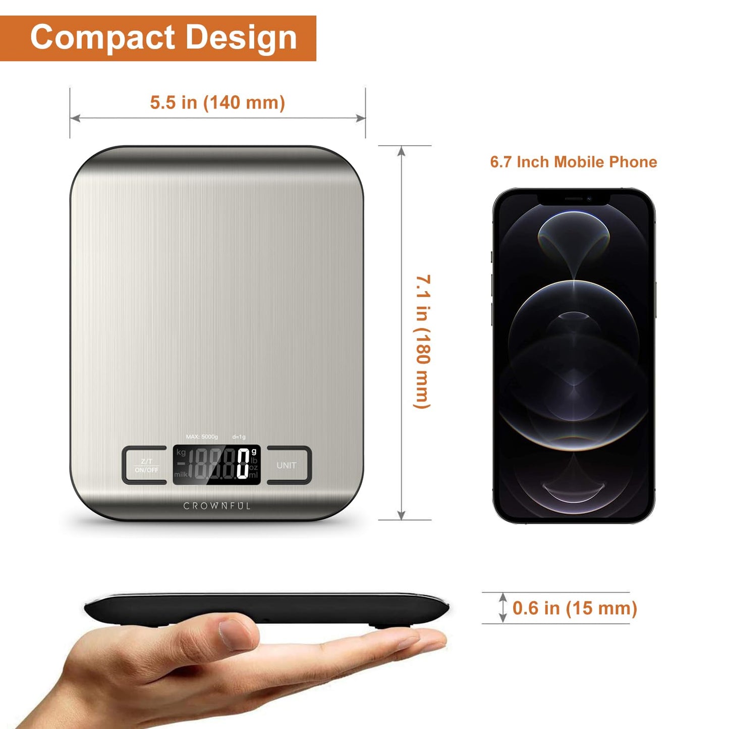 CROWNFUL Küchenwaage, 11lb/5kg Digitale Küchenwaage für Kochen und Backen, 6 Maßeinheiten mit Tara-Funktion (Batterie enthalten)
