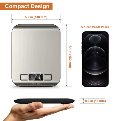 CROWNFUL Küchenwaage, 11lb/5kg Digitale Küchenwaage für Kochen und Backen, 6 Maßeinheiten mit Tara-Funktion (Batterie enthalten)