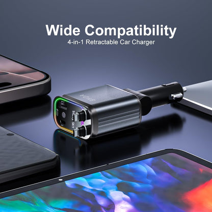 4-in-1 einziehbarer Auto-Ladegerät mit Sternenlicht, 69W USB-C Schnell-Ladegerät, für iPhone 17/16/15/14/13/12/11, Android, Pixel, Zigarettenanzünder-Ladegerät (Lightning+USB-C (Regular))