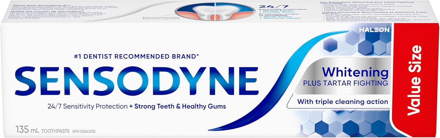 Sensodyne Whitening & Tartar toothpaste, Strengthens Protects and Whitens Sensitive Teeth, 135 mL (Packaging May Vary)