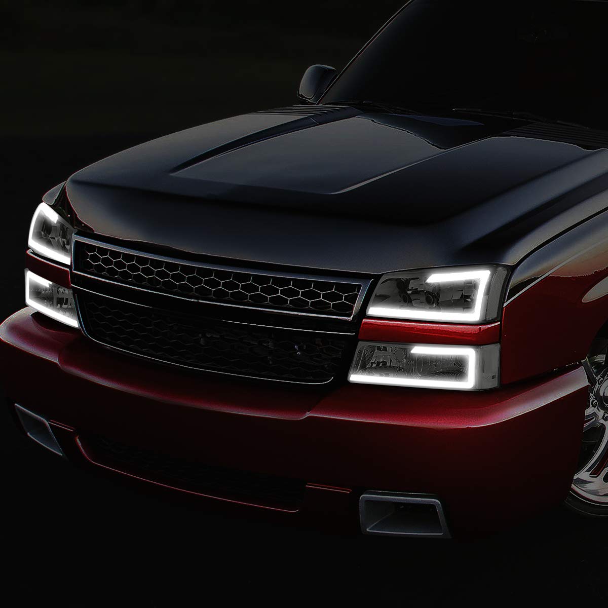DNA MOTORING HL-LB-CSIL03-BK-CL1 Black Housing 3D LED DRL Headlight Bumper Lamp Set Compatible with 03-06 Silverado 1500-3500 / Avalanche 1500 2500