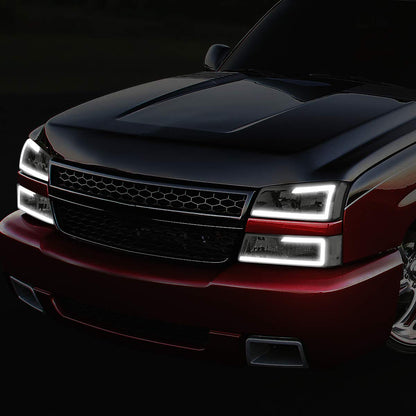 DNA MOTORING HL-LB-CSIL03-BK-CL1 Black Housing 3D LED DRL Headlight Bumper Lamp Set Compatible with 03-06 Silverado 1500-3500 / Avalanche 1500 2500