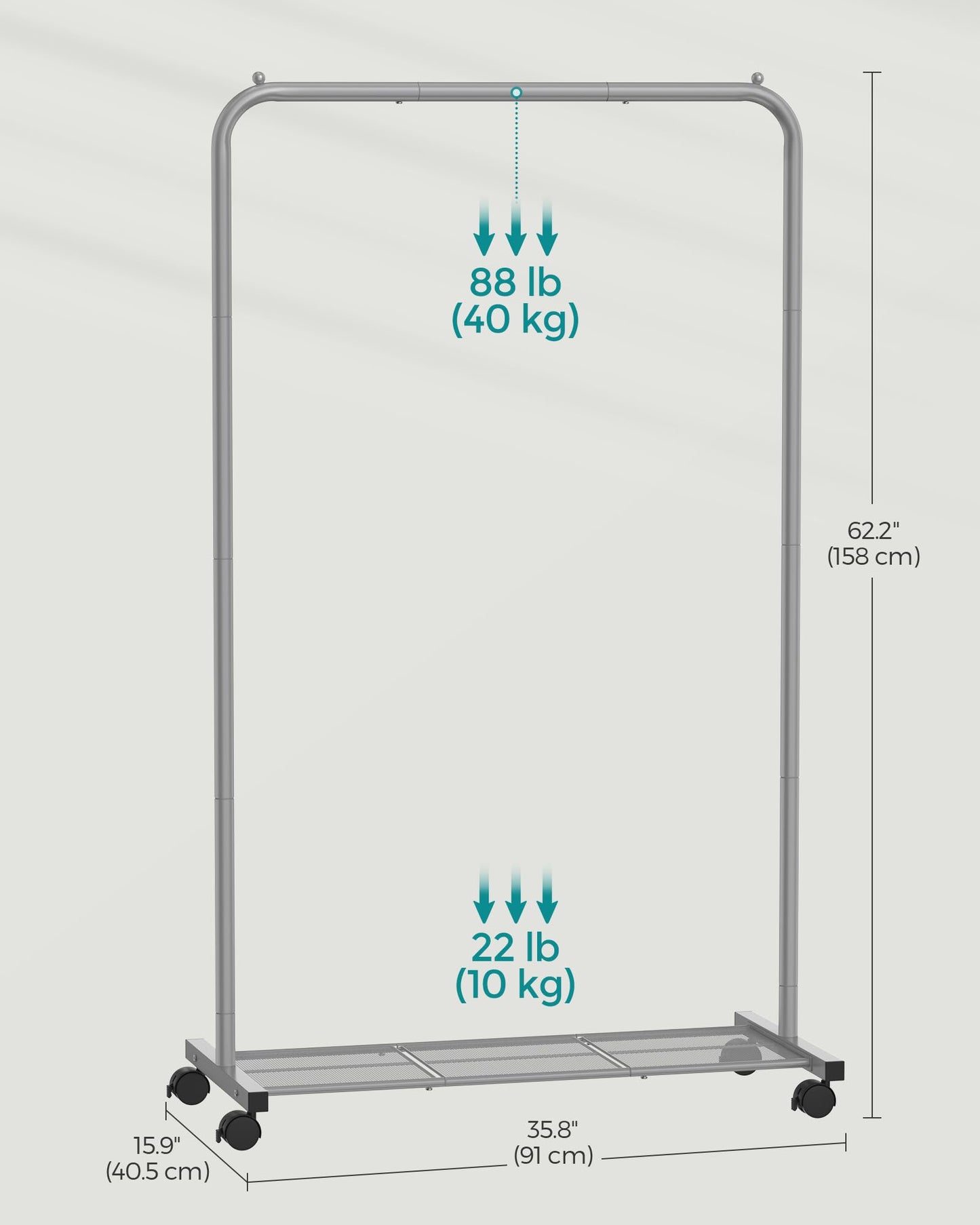 SONGMICS Clothes Rack with Wheels, Clothing Rack for Hanging Clothes, 25.4 mm Metal Garment Rack with Dense Mesh Storage Shelf, 110 lb Load Capacity, 2 Brakes, Black UHSR25BK