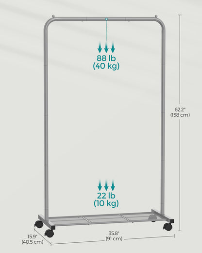 SONGMICS Clothes Rack with Wheels, Clothing Rack for Hanging Clothes, 25.4 mm Metal Garment Rack with Dense Mesh Storage Shelf, 110 lb Load Capacity, 2 Brakes, Black UHSR25BK