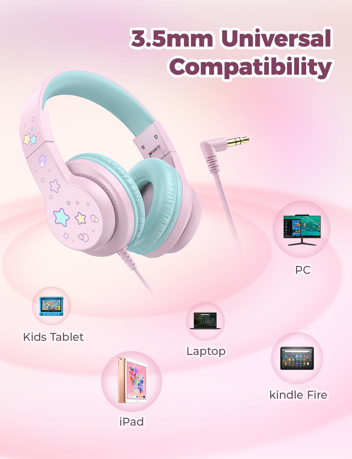 iClever Kinderkopfhörer für Schule und Reisen, sichere Lautstärkebegrenzung, HD-Mikrofon, Stereo-Sound Over-Ear-Kopfhörer für Mädchen und Jungen, FunShare Faltbar, 3,5 mm kabelgebunden für iPad Computer, HS19