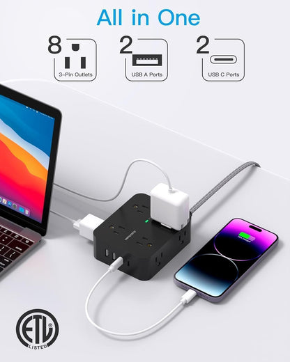Surge Protector Power Bar - 8 Outlets 4 USB Charging Ports(2 USB C), Power Strip with 5Ft Braided Extension Cord, Flat Plug, Wall Mount Desk USB C Charging Station for Home Office College Essentials
