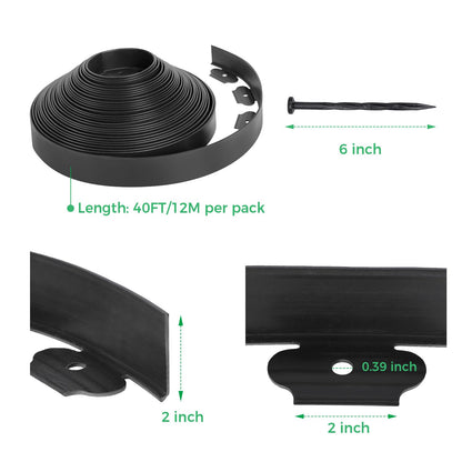 2-Inch x 66 FT Landscape Edging Border with 100 Spikes, No Dig Garden Border Edging Kit, Plastic Edging Border Flexible for Garden Flower Beds Lawn Yard Paver Pathway (Black)
