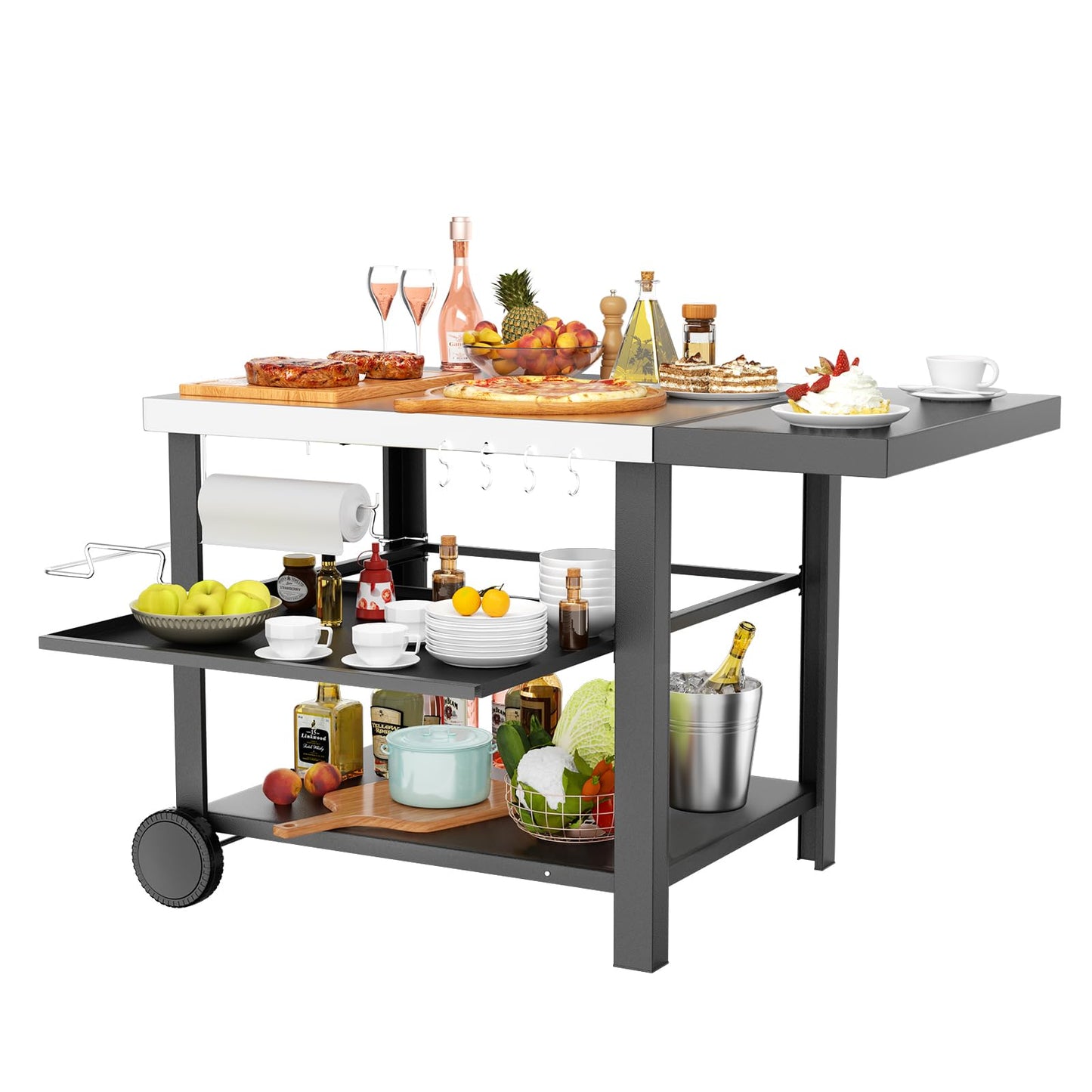 Pizza Oven Table Grill Cart with Topping Station, Grill Table Stand with Wheels for Ninja, Blackstone Griddle, Ooni, Gozney, Cuisinart, Heavy Duty BBQ Prep Cart with Storage Shelf and Hooks
