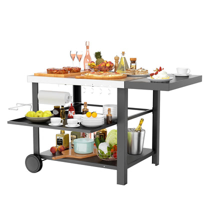 Pizza Oven Table Grill Cart with Topping Station, Grill Table Stand with Wheels for Ninja, Blackstone Griddle, Ooni, Gozney, Cuisinart, Heavy Duty BBQ Prep Cart with Storage Shelf and Hooks
