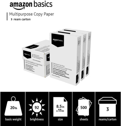 Amazon Basics Mehrzweck-Kopierpapier, 21,6 x 27,9 cm, 75 g/m², 3 Ries, 1500 Blatt, 92 Helligkeit, Weiß