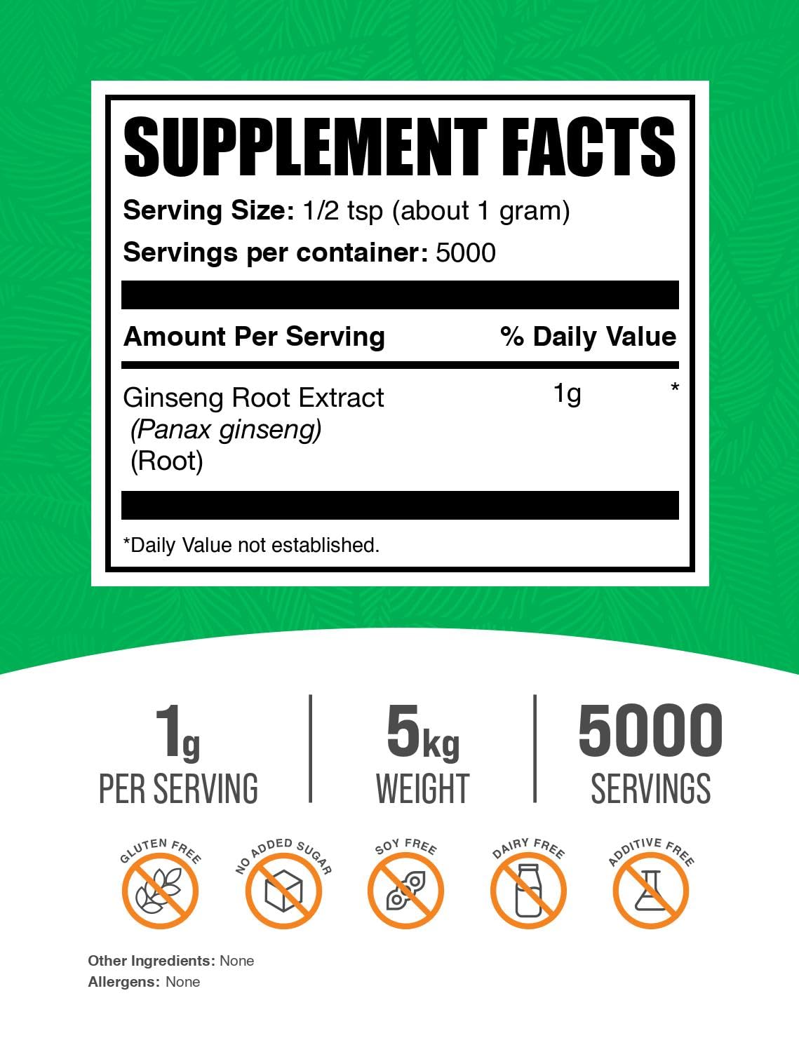BulkSupplements.com Ginseng Root Extract Powder - Panax Ginseng Supplement, Herbal Supplement - Vegan & Gluten Free, 1g per Serving, 1kg (Pack of 5) (11 lbs)