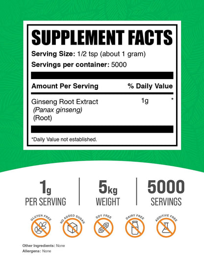 BulkSupplements.com Ginseng Root Extract Powder - Panax Ginseng Supplement, Herbal Supplement - Vegan & Gluten Free, 1g per Serving, 1kg (Pack of 5) (11 lbs)