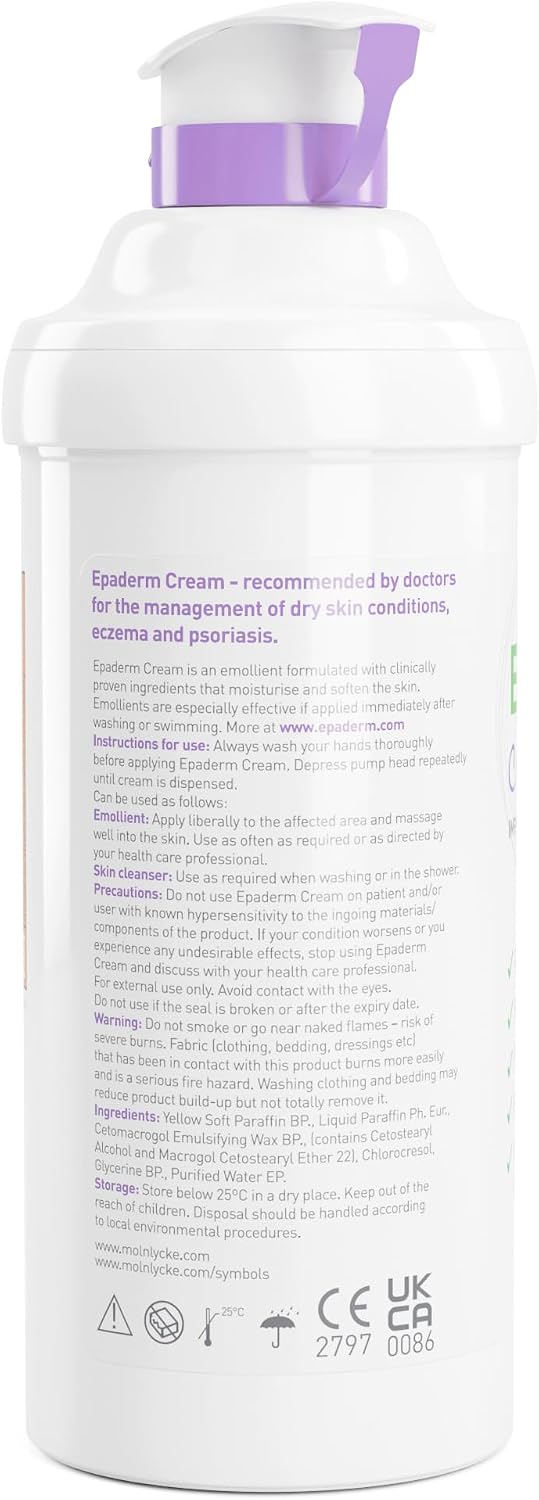 Epaderm Cream for Eczema, Psoriasis and Dry Skin | 500g pump | 2-in-1 emollient formulated with clinically proven ingredients | Free from fragrance, colour, steroids, sodium lauryl sulphate (SLS) | Suitable for all ages, including babies