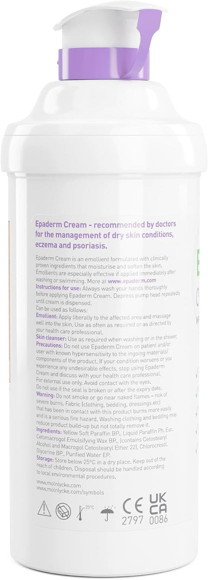 Epaderm Cream for Eczema, Psoriasis and Dry Skin | 500g pump | 2-in-1 emollient formulated with clinically proven ingredients | Free from fragrance, colour, steroids, sodium lauryl sulphate (SLS) | Suitable for all ages, including babies