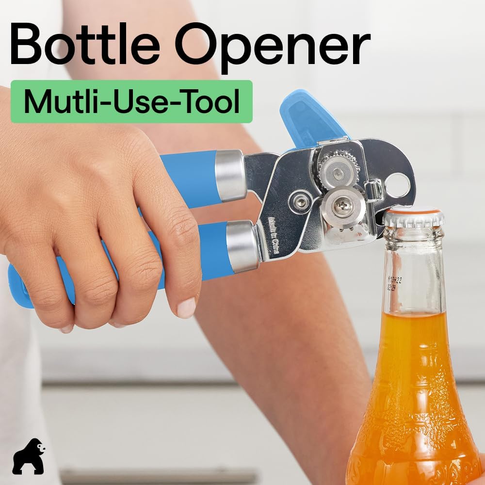 GORILLA GRIP Robuster manueller Dosenöffner, Flaschenöffner aus Edelstahl, öffnet Dosen mühelos, scharfe Klinge mit glattem Schnitt, leicht drehbarer Knopf für Senioren mit Arthritis, Küchenhelfer, Schwarz