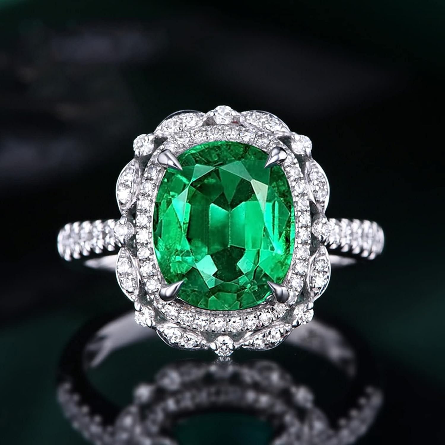 AMDXD 18K White Gold Rings for Girls, Unique Womens Jewelry Green Emerald 3.52ct with White Diamond Womens Ring, 6.5, 18K white gold, Cubic Zirconia