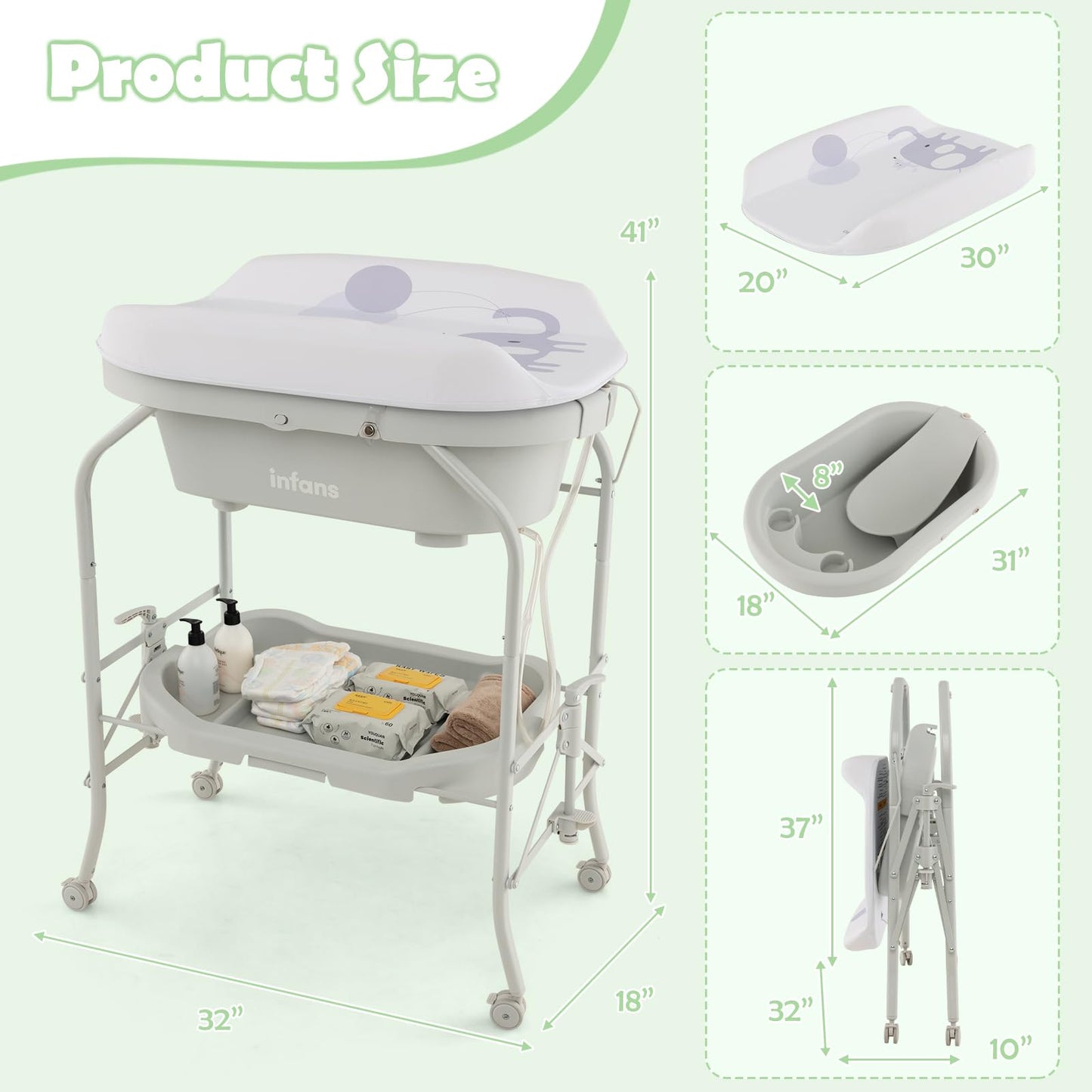 INFANS 2 in 1 Baby Changing Table with Bath Tub Unit, Folding Diaper Dresser Station with Wheels Waterproof Pad Storage Rack, Portable Nursery Organizer Stand for Newborn Infant