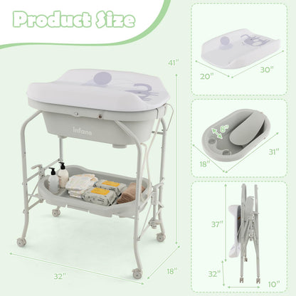 INFANS 2 in 1 Baby Changing Table with Bath Tub Unit, Folding Diaper Dresser Station with Wheels Waterproof Pad Storage Rack, Portable Nursery Organizer Stand for Newborn Infant