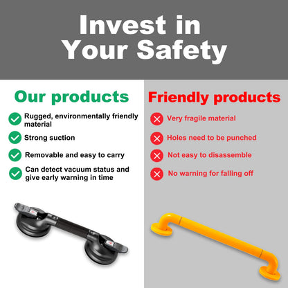 15-Inch Shower Handle - Upgraded Grab Bar with Strong Suction Cups for Bathtub & Shower Safety, Ideal for Seniors, Elderly, Disabled -Silver