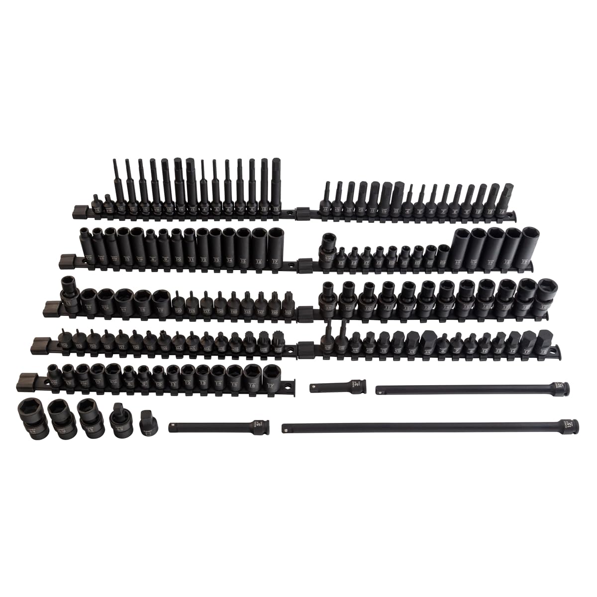 SUNEX Tools 80 Piece 3/8 in. Drive Master Impact Socket Set, Universal, Star, External Star, Extensions, Universal Joint, SAE and Metric, 8mm to 19mm and 5/16 in. to 3/4 in., CR-MO Steel, Model 3580