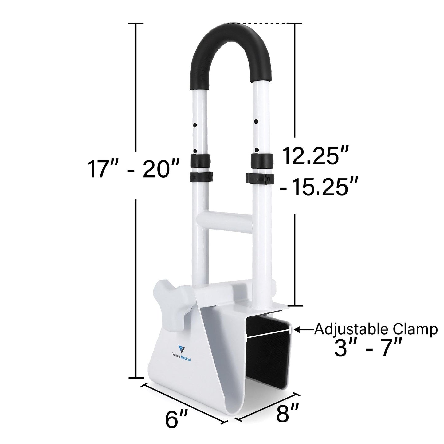 Vaunn Medical Adjustable Height Bathtub Safety Rail, Extra-Height 17"-20" Tall Extension ADA Compliant Shower Grab Bar Handle for Elderly and Disabled, Secure Locking Tub Clamp, 300 lbs