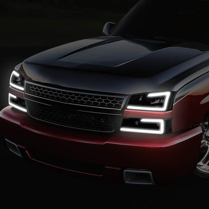 DNA MOTORING HL-LB-CSIL03-BK-CL1 Black Housing 3D LED DRL Headlight Bumper Lamp Set Compatible with 03-06 Silverado 1500-3500 / Avalanche 1500 2500