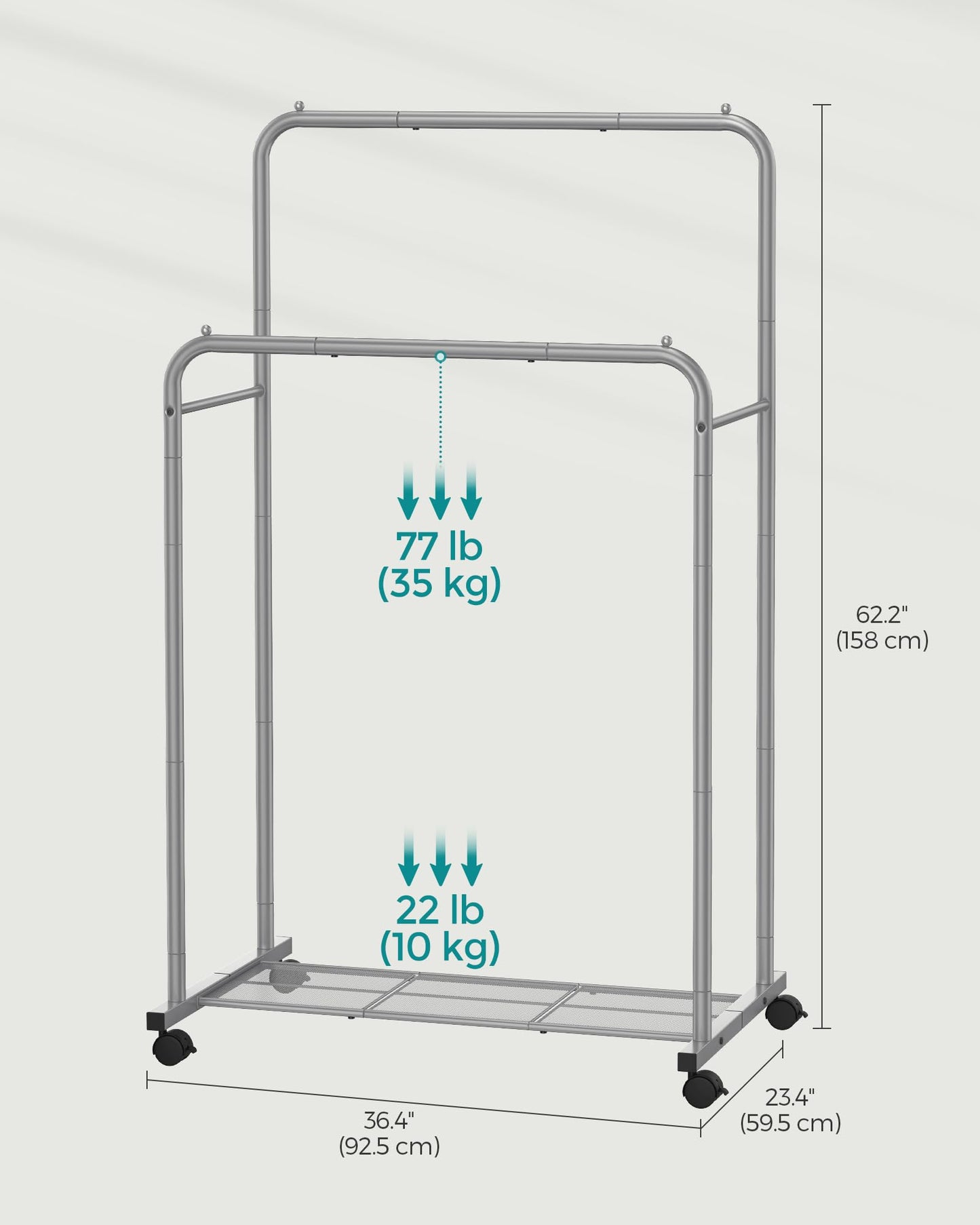 SONGMICS Clothes Rack with Wheels, Clothing Rack for Hanging Clothes, 25.4 mm Metal Garment Rack with Dense Mesh Storage Shelf, 110 lb Load Capacity, 2 Brakes, Black UHSR25BK