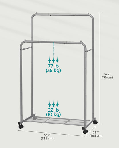 SONGMICS Clothes Rack with Wheels, Clothing Rack for Hanging Clothes, 25.4 mm Metal Garment Rack with Dense Mesh Storage Shelf, 110 lb Load Capacity, 2 Brakes, Black UHSR25BK
