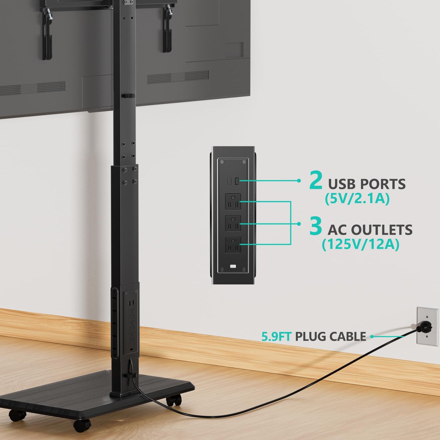 WALI Rolling TV Stand with Power Outlet & AV Shelf, Mobile Tall TV Stand Mount on Wheels for 34-75 inch TV up to 110 lbs, Swivel Height Adjustable TV Cart with Wood Base for Bedroom(TVDVD-6PRW), White