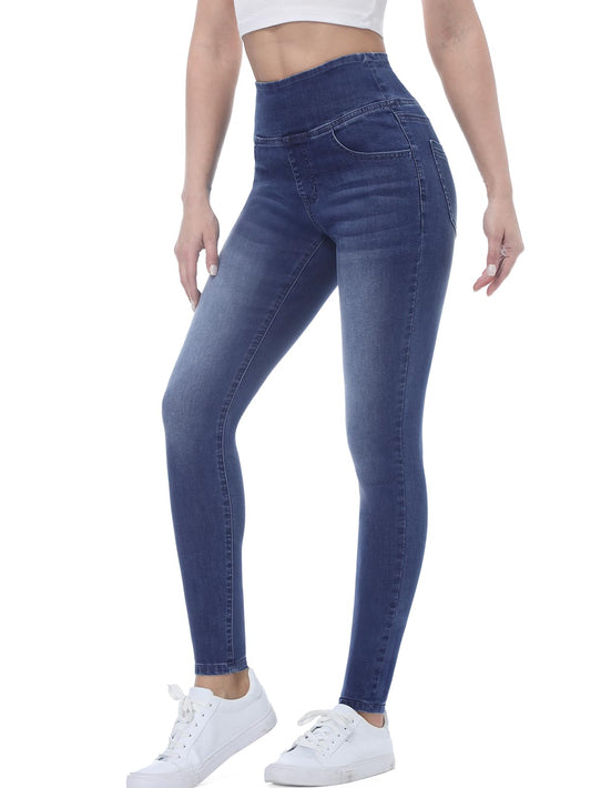 Chasehot Pull on Skinny Jeans for Women, Stretchy High Waisted Leggings Trendy Tummy Control Demin Jegging with Pockets Dark Wash-L