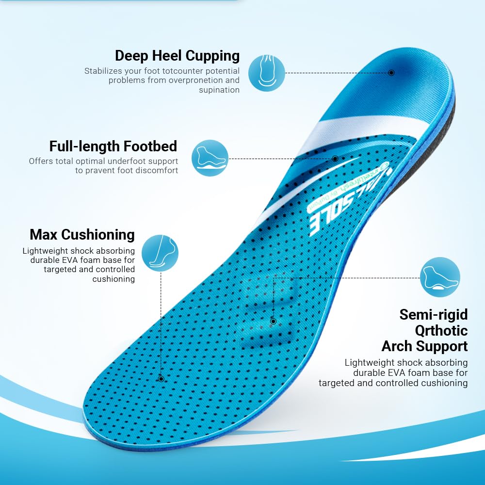 VALSOLE Heavy Duty Support Pain Relief Orthotics - 220+ lbs Plantar Fasciitis High Arch Support Insoles for Men Women, Flat Feet Orthotic Insert, Work Boot Shoe Insole, Absorb Shock with Every Step