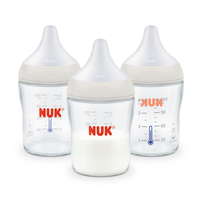 NUK Perfect Match Glass Natural + Anti-Colic Bottle, 8 oz. Glass Baby Bottles with SafeTemp Temperature Indicator, Newborn Essentials, 3-Pack