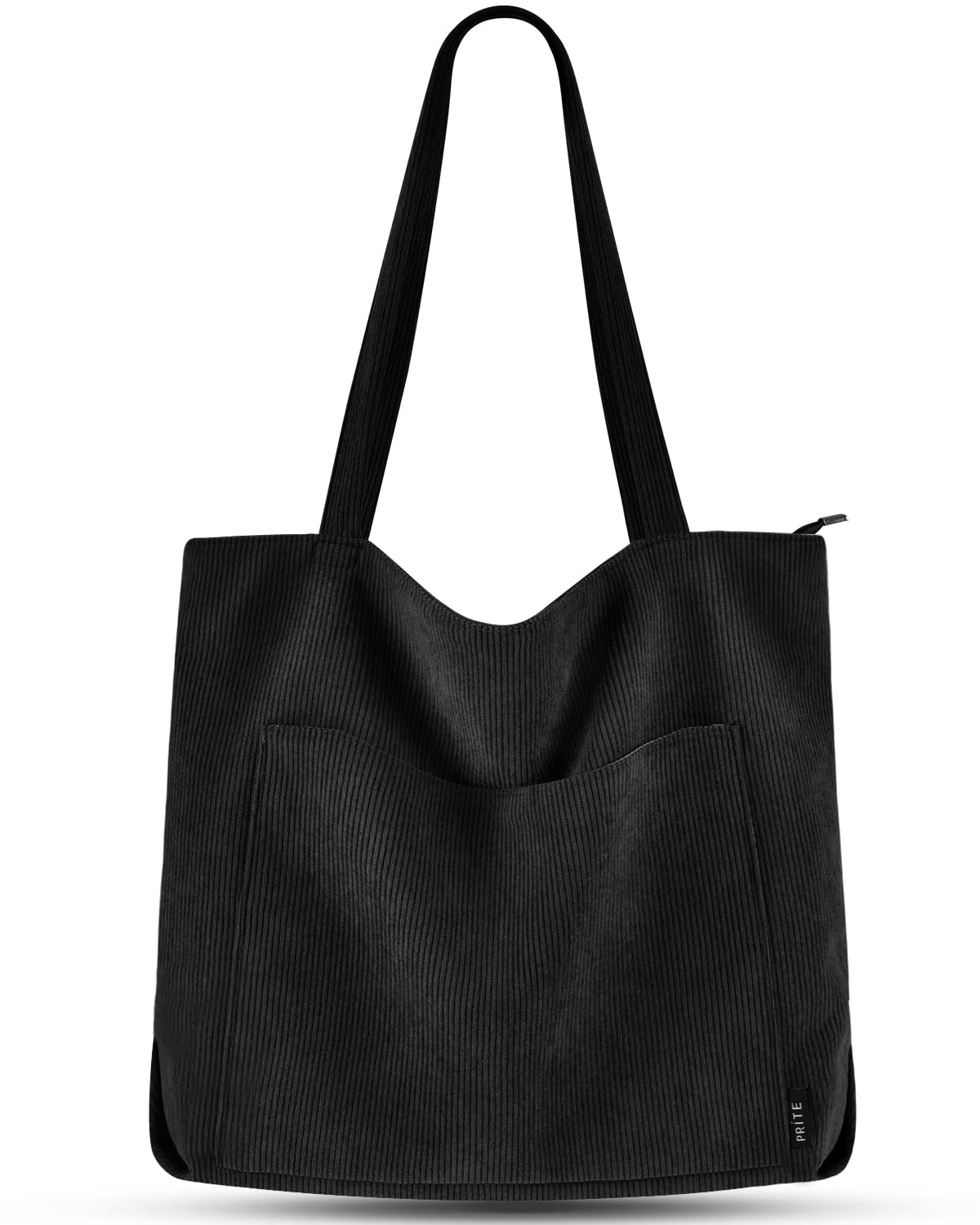 Prite Corduroy Tote Bag for Women Large Shoulder Bag with Zipper and Pockets for College Work Travel Shopping(Black)