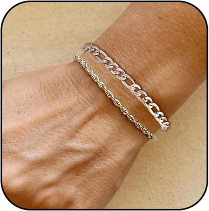 3 Stück Herren Silber Armbänder, robustes Curb Edelstahl Breite Schlangenkette Figaro Cuban Armband Set 7/7.8+1.2 Zoll verstellbares Stapel-Silberkettenarmband für Männer