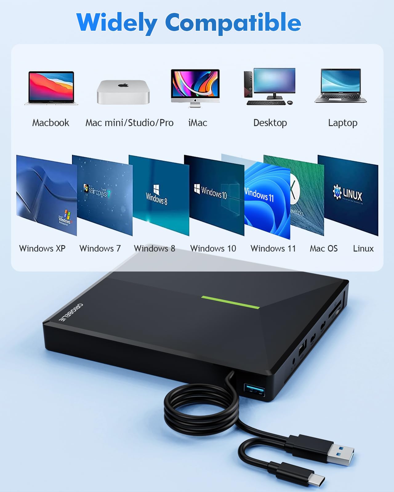 ORIGBELIE externes DVD-Laufwerk, CD-Laufwerk USB 3.0 Typ-C CD/DVD ROM +/-RW Adapter mit USB-Anschluss DVD-Brenner für Laptop, PC, Desktop-Computer, optisches Laufwerk CD-Player kompatibel mit Mac Windows Linux