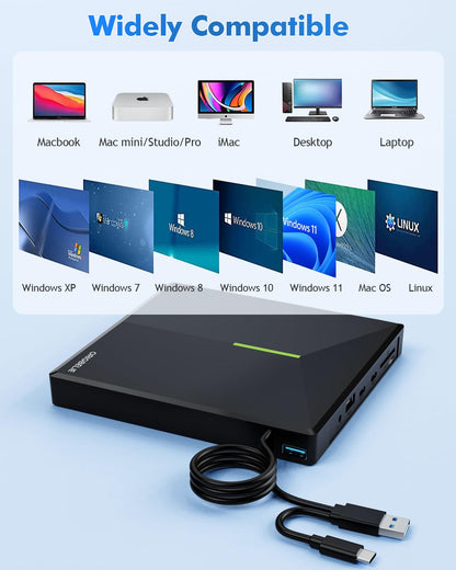 ORIGBELIE externes DVD-Laufwerk, CD-Laufwerk USB 3.0 Typ-C CD/DVD ROM +/-RW Adapter mit USB-Anschluss DVD-Brenner für Laptop, PC, Desktop-Computer, optisches Laufwerk CD-Player kompatibel mit Mac Windows Linux