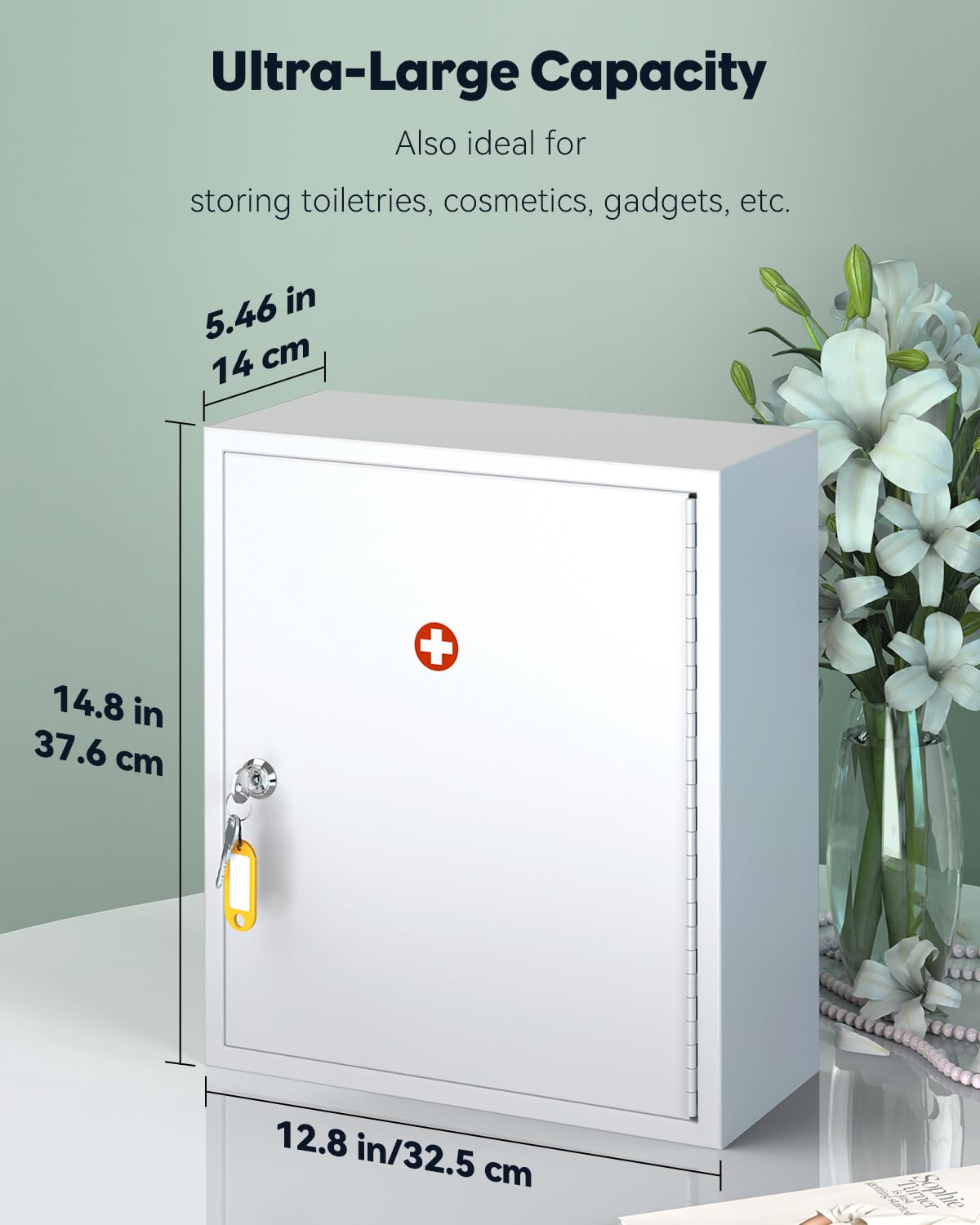 Uniclife Wall Mount Medicine Cabinet with Combination & Key Lock Locking First Aid Cabinet Lockable Medical Cabinet Large Capacity Medicine Organizer Secure Steel Wall Cabinet Metal Storage Box, White