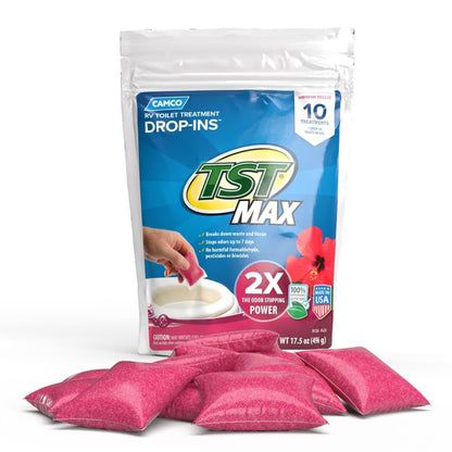 Camco TST MAX RV Toilet Treatment Drop-INs - Control Unwanted Odors & Break Down Waste and Tissue - Safe Septic Tank Treatment - Orange Scent, 30-Pack (41183)