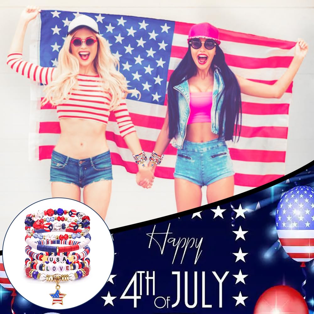 250 Anniversary USA Merchandise 4th of July Outfits for Women Men Teens Red White Blue Clay Beaded Stretch Bracelets USA Patriotic Jewelry 4th of July Accessories
