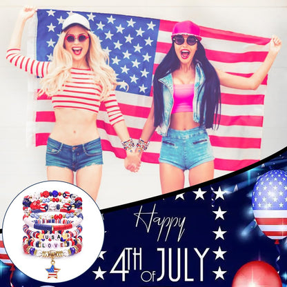 250 Anniversary USA Merchandise 4th of July Outfits for Women Men Teens Red White Blue Clay Beaded Stretch Bracelets USA Patriotic Jewelry 4th of July Accessories