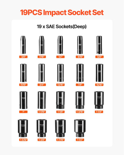 VEVOR 91-Piece 1/2" Drive Impact Socket Set, SAE (5/16" to 1-1/4") & Metric (8 to 32 mm), CR-V, Deep & Shallow, 6 Point, Ratchet Handle, Universal Joint, Adapters, Extension Bars (3, 5, 10 in)