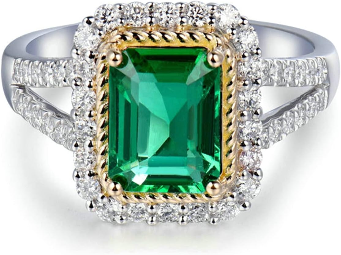Aienid 18K Women's Wedding Ring Band White Gold 2ct Emerald Cut Emerald with 0.6ct Diamond Anniversary Ring for Girls